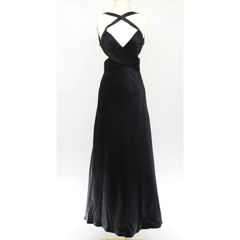 BCGM Maxazria Women's Black Satin Crosscross Strap Maxi Goth Dress 4 NEW